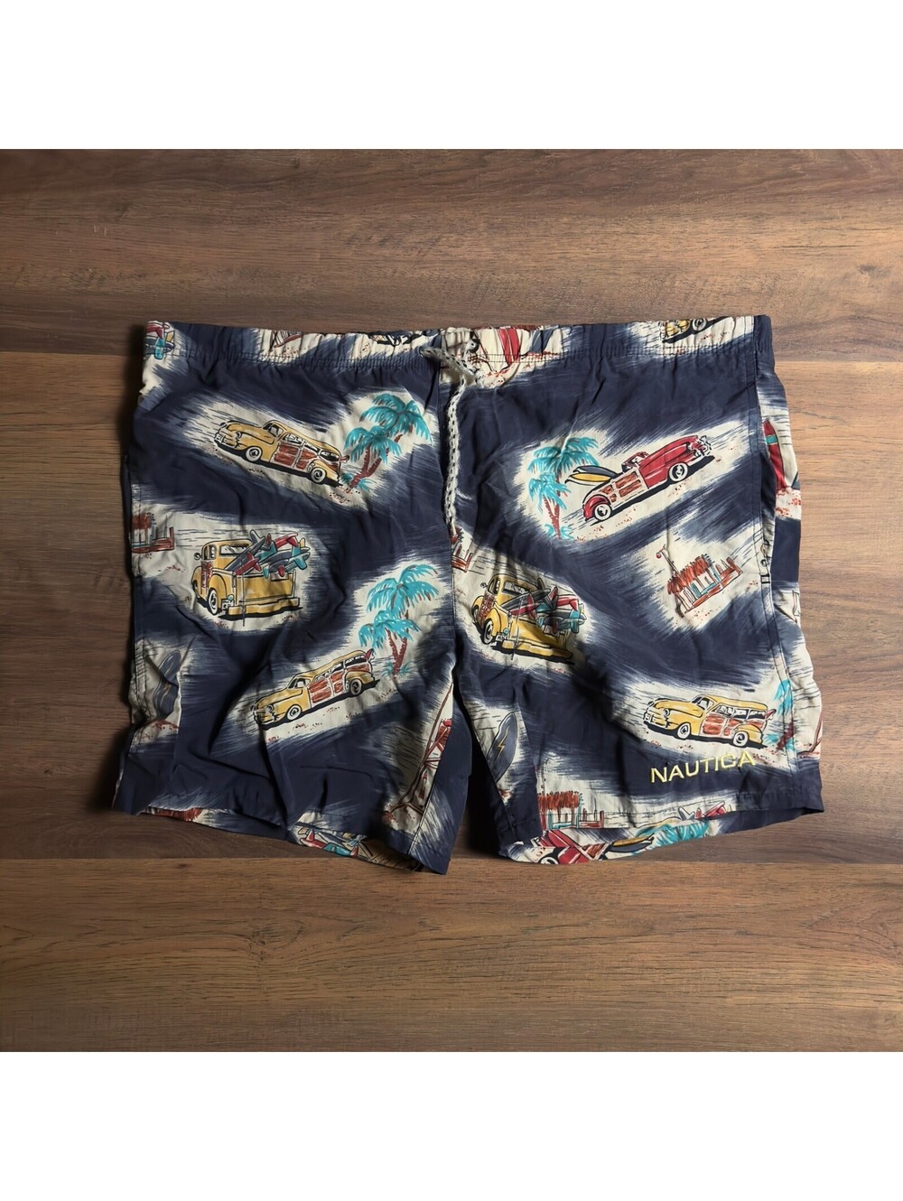 Nautica Swim Trunks Mens L Navy Blue Woody Car Surf Print